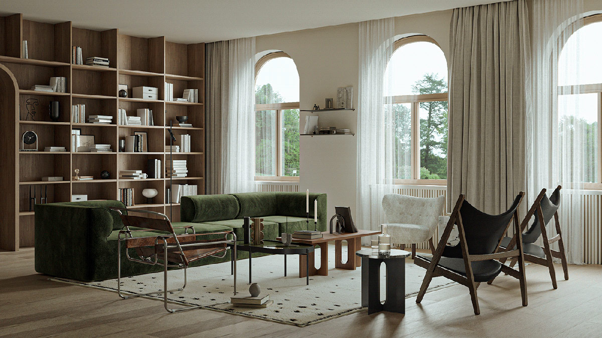 Bảng màu gồm tông màu be và gỗ sồi Nga ấm áp giúp nổi bật lên ghế sofa màu xanh ngọc lục bảo. 
Mẫu thiết kế nội thất sử dụng gỗ sồi để cân bằng và mang bầu không khí thoải mái 