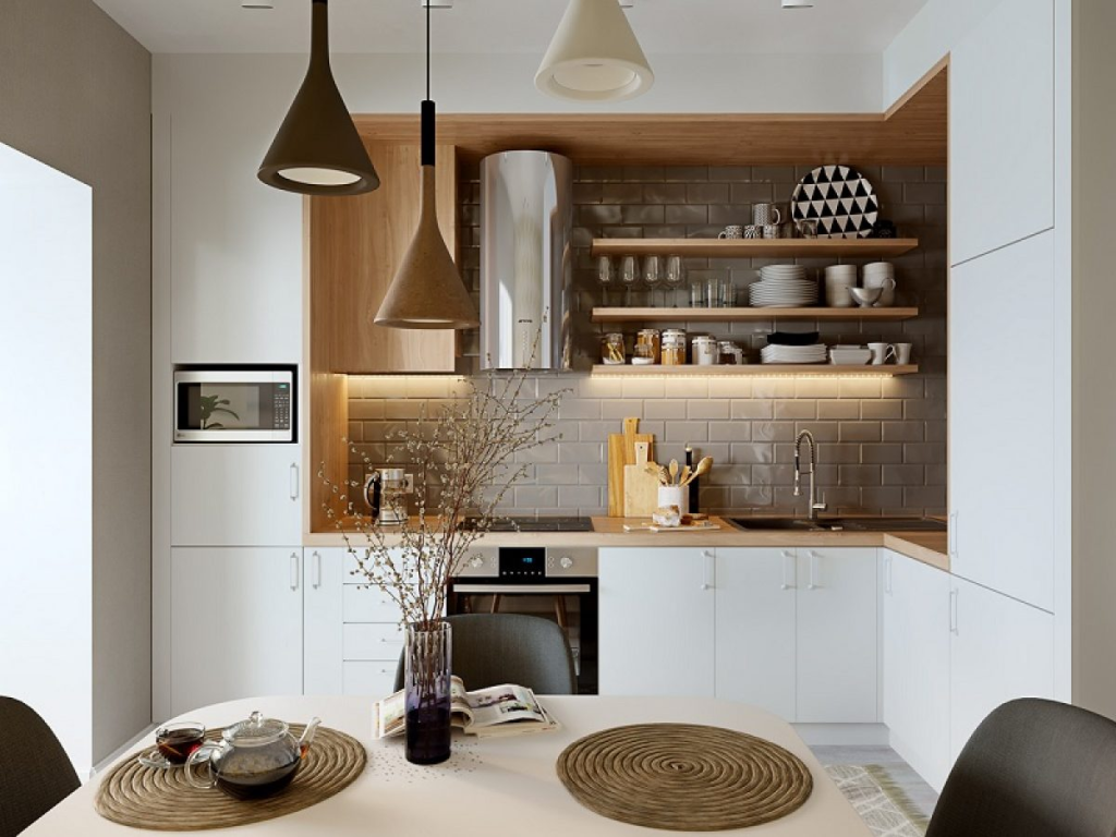 Không gian bếp nấu sau cải tạo đẹp thơ mộng với kệ treo tường gỗ kiểu dáng đơn giản